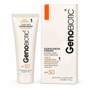 كريم واقي الشمس الشفاف سونو-جين 1 للبشرة الدهنية والمختلطة بعامل حماية SPF 50+ بخلاصة عباد الشمس وزهرة الربيع والألوفيرا وفيتامين E (50 مل) من جينوبيوتيك (Geno BIOTIC)