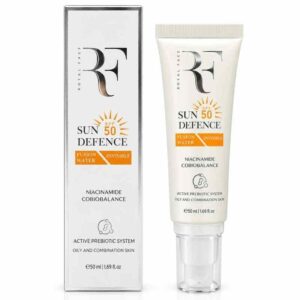 واقي الشمس المائي الشفاف صن ديفينس SPF 50 للبشرة الدهنية والمختلطة بالنياسيناميد ونظام البريبايوتك النشط (50 مل) من رويال فيس (ROYAL FACE - RF)