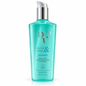 شامبو تنقية فروة الرأس وعلاج القشرة كلير آند هايدرا شامبو (Clear & Hydra Shampoo) بزيت الشاي والنعناع وحمض الساليسيليك والزنك والأوكتوبيروكس خالٍ من السلفات (400 مل) من رويال فيم (ROYALE FEMME)