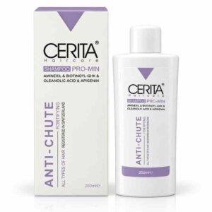 شامبو برو-مين المقوي لمكافحة تساقط الشعر وتثبيت البصيلات شامبو برو-مين آنتي-شوت (Shampoo Pro-Min - Anti-Chute / Fortifying) بالأمينيكسيل والبيوتينويل-GHK وحمض الأوليانوليك والأبيجينين لجميع أنواع الشعر من سيريتا هير كير (CERITA Hair Care - Registered in Switzerland)