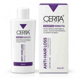 شامبو مينوتا المقوي لمكافحة تساقط الشعر وتنشيط البصيلات شامبو مينوتا آنتي-هير لوس (Shampoo Minuta - Anti-Hair Loss / Fortifying) بببتيدات بيشيا مينوتا وبوليفينول (DHQG / EGCG2) وخلاصة الجزر للشعر الجاف من سيريتا هير كير (CERITA Hair Care - Registered in Switzerland)