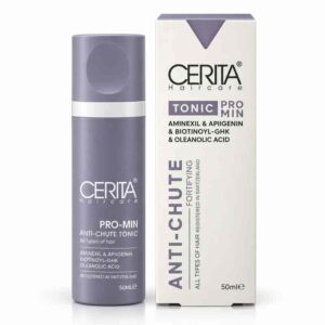 تونيك مكافحة تساقط الشعر وتقوية البصيلات برو-مين أنتي-شوت تونيك (Pro-Min Anti-Chute Tonic / Fortifying) بالأمينيكسيل والبيوتينيل-GHK وحمض الأولينوليك والأبيجينين لجميع أنواع الشعر بجودة مسجلة في سويسرا (50 مل) من سيريتا هيركير (CERITA Haircare)