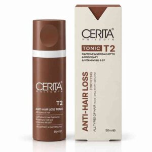 تونيك مكافحة تساقط الشعر وتقوية البصيلات تونيك T2 (Tonic T2 Anti-Hair Loss Tonic / Fortifying) بالكافيين ومستخلص البلميط المنشاري وإكليل الجبل وفيتامينات B6 و B7 لجميع أنواع الشعر بجودة مسجلة في سويسرا (50 مل) من سيريتا هيركير (CERITA Haircare)