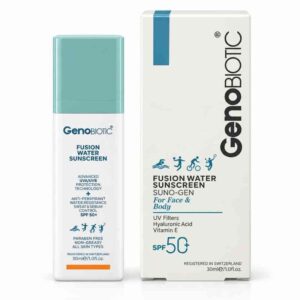 واقي شمس مائي خفيف للوجه والجسم فيوجن ووتر سن سكرين سونو-جين (Fusion Water Sunscreen Suno-Gen) بعامل حماية SPF 50+ وحمض الهيالورونيك وفيتامين E المقاوم للماء والتعرق لجميع أنواع البشرة بجودة مسجلة في سويسرا (30 مل) من جنو بايوتيك (GenoBIOTIC)