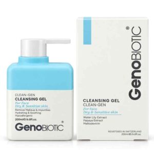 جل منظف ومرطب للوجه كلين-جين (Cleansing Gel Clean-Gen) بمستخلص زنبق الماء ومستخلص البابايا والمالتوديكسترين للبشرة الجافة والحساسة بمضخة عملية (200 مل) من جنو بايوتيك (GenoBIOTIC)