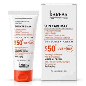 كريم واقي الشمس المعدني ومكافحة الشيخوخة صن كير ماكس (Sun Care Max Sunscreen Cream) بعامل حماية SPF 50+ بأكسيد الزنك وثاني أكسيد التيتانيوم والألوفيرا وفيتامين E للبشرة العادية إلى الجافة من كاريبا (KAREBA)