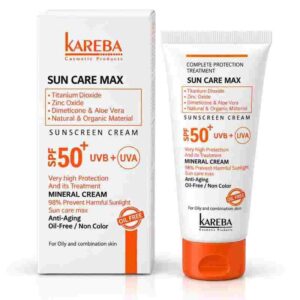 كريم واقي الشمس المعدني الخالي من الزيوت ومكافحة الشيخوخة صن كير ماكس (Sun Care Max Sunscreen Cream - Oil-Free / Non Color) بعامل حماية SPF 50+ بأكسيد الزنك وثاني أكسيد التيتانيوم والألوفيرا للبشرة الدهنية والمختلطة من كاريبا (KAREBA)